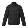 A lightweight black insulated puffer jacket with a stand-up collar and zip closure, featuring side pockets.