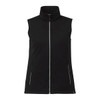 A black women's eco waterproof softshell vest with a high collar and zippered pockets, featuring a logo.