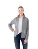 A light grey women's packable rain jacket with a logo on the front, featuring a zippered closure and elastic cuffs.
