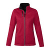 A red women's softshell jacket featuring a high collar and zippered pockets, with a logo on the front.