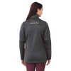 A dark grey women's softshell jacket with a high collar and a logo on the back.