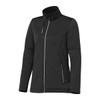 A black women's softshell jacket with a high collar and zippered pockets, featuring a logo.