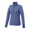 A blue women's half zip jumper made from eco-friendly knit fabric, featuring a high collar and long sleeves.