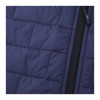 A navy blue insulated puffer vest with a zip detail and a quilted texture.