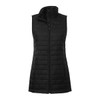 A black lightweight packable insulated puffer vest with a high collar and zip fastening. Features a subtle quilted pattern and branding.