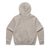 A back view of a light grey hoodie with a fitted waist and a hood, featuring a simple design and a logo.