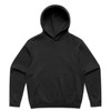 A black hoodie featuring a front pouch pocket and a drawstring hood, with a logo present.