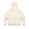 A cream-coloured hoodie with a hood and long sleeves, featuring a waistband. It has a logo at the back.
