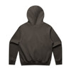 A dark grey hoodie with a large hood and ribbed cuffs. The back view features a plain design.