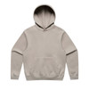 A beige hoodie featuring a front pocket and a drawstring hood. It has a simple design with a logo.