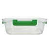 A clear lunch box with a green handle, designed for easy transport and storage of meals.