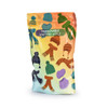 A large, multi-coloured foiled pouch featuring patterns of knitted hats and scarves. It has a logo on the front.