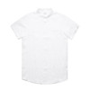 A white short sleeve button-up shirt featuring a pocket and a logo.