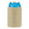A jute stubby holder in natural beige colour, designed to fit a can, featuring a simple, textured appearance.