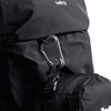 A black backpack features a carabiner and a small attached pouch, showcasing its versatile design.