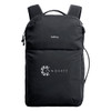 A black backpack with adjustable straps and a logo on the front. Features a sleek, modern design.