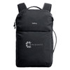 A black backpack with a logo, featuring adjustable straps and a sleek, modern design.