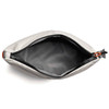 A grey cooler bag with a zipped opening, featuring a black interior and a small logo.