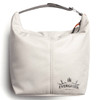 A light grey cooler bag with a logo, featuring a zip closure and a handle for easy carrying.