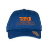 A blue cotton cap with an adjustable strap and a logo featuring the words "TREKK ADVENTURE."