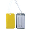 A vibrant yellow luggage tag with a transparent loop, featuring a grey back with label fields for contact information.