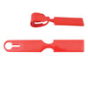 A set of red luggage tags featuring a loop design for attachment and a flat tag for identification.