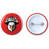 A red button badge featuring a logo with an eagle design and a silver pin on the back.