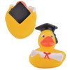 A yellow rubber duck wearing a black graduation cap and holding a diploma roll, featuring a logo.