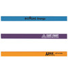 Three promotional pencils in blue, purple, and orange, each featuring different branding logos.