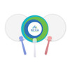 A set of three circular hand fans in blue, pink, and white, featuring a logo in the centre.