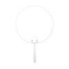 A circular white fan with a handle, featuring a simple design and a logo on the handle.
