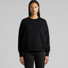 A black crew sweater with a relaxed fit and long sleeves, featuring a branding logo.