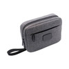 A grey toiletry bag with two zippered compartments and a side handle, featuring a logo on the front.