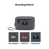 A grey toiletry bag with a front zip pocket and a branding area, featuring various branding options shown below.