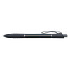 A metal pen in black featuring a sleek design, grip detailing, and silver accents, plus a logo on the body.