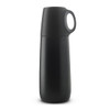 A drink bottle in sleek matte black, featuring a handle and a modern design. It has a logo on the surface.