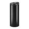 A drink bottle in sleek black with a rounded top and a flip lid, featuring a logo.