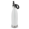 A drink bottle with a white body, stainless steel base, and a black flip lid, featuring a handle and branding.