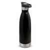 A drink bottle in black with a stainless steel base and a push-button lid, featuring a logo on the side.