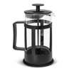 A small glass coffee plunger with a black plastic handle and lid, featuring a metal filter assembly.