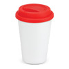 A double wall coffee cup in white with a red silicone lid, featuring a logo on the lid.
