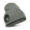 A grey Bluetooth beanie featuring a large circular speaker on the side and a ribbed texture.