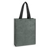 A green heather tote bag featuring black handles and a simple design, with a branding logo on the front.