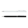 A metal pen set featuring a white pen and a black pen, both with silver clips and accents.