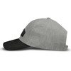 A grey cap with a black peak and a patch on the side, featuring a simple design.