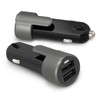 A USB car charger featuring a black and grey design with two USB ports and a built-in safety light.