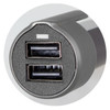 A grey USB car charger featuring two USB ports and a rounded design. It has a logo on the surface.