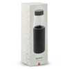 A drink bottle in a black casing, displayed in a sleek, tall box. The bottle is made of glass and vacuum-insulated.