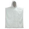 A hooded towel in white, featuring a front pocket and fringe detailing at the bottom, with a logo present.