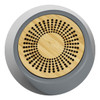 A Bluetooth mini speaker featuring a grey base and a bamboo grill with circular perforations. It has a branding logo.